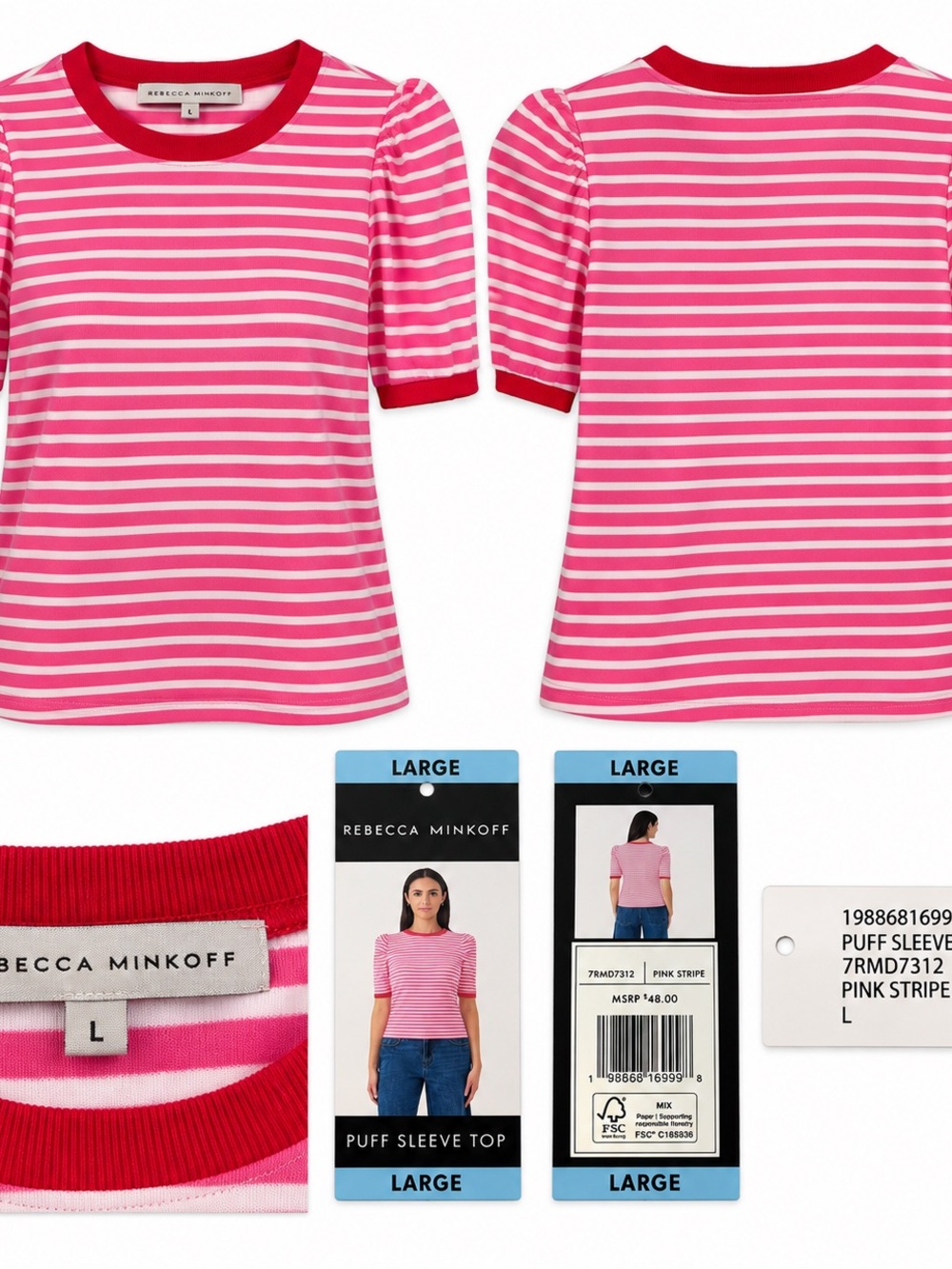 Rebecca Minkoff Pink and White Stripe Puff Sleeve Tee with Red Trim